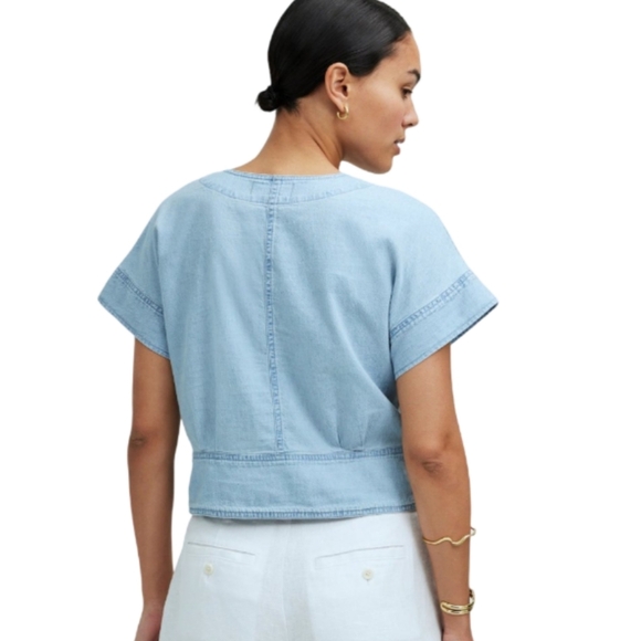 Madewell Blue Denim Pleated Short-Sleeve Top Size Small NWT - Picture 6 of 14